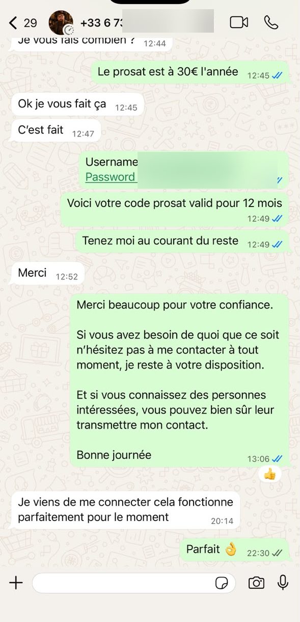 Conversation WhatsApp client — 🇫🇷 France · Prosat 12 mois