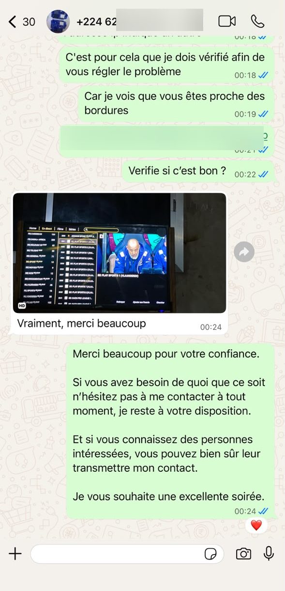Conversation WhatsApp client — 🇬🇳 Guinée · Support & fix