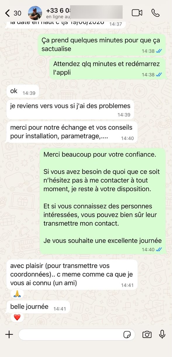Conversation WhatsApp client — 🇫🇷 France · Installation & conseils