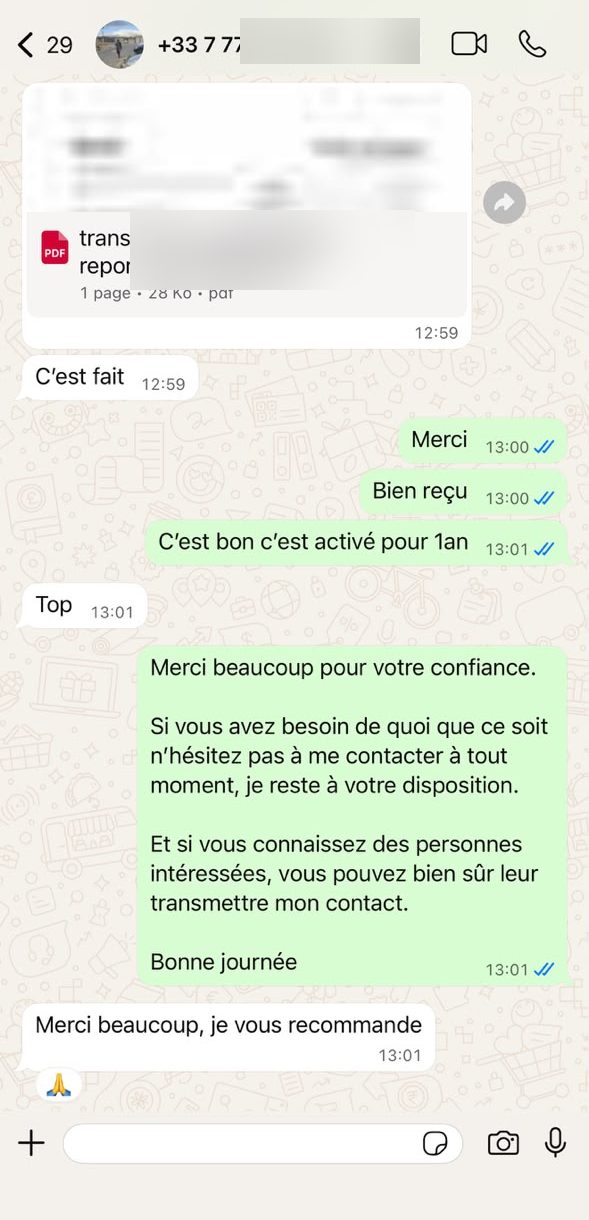Conversation WhatsApp client — 🇫🇷 France · Activé 1 an