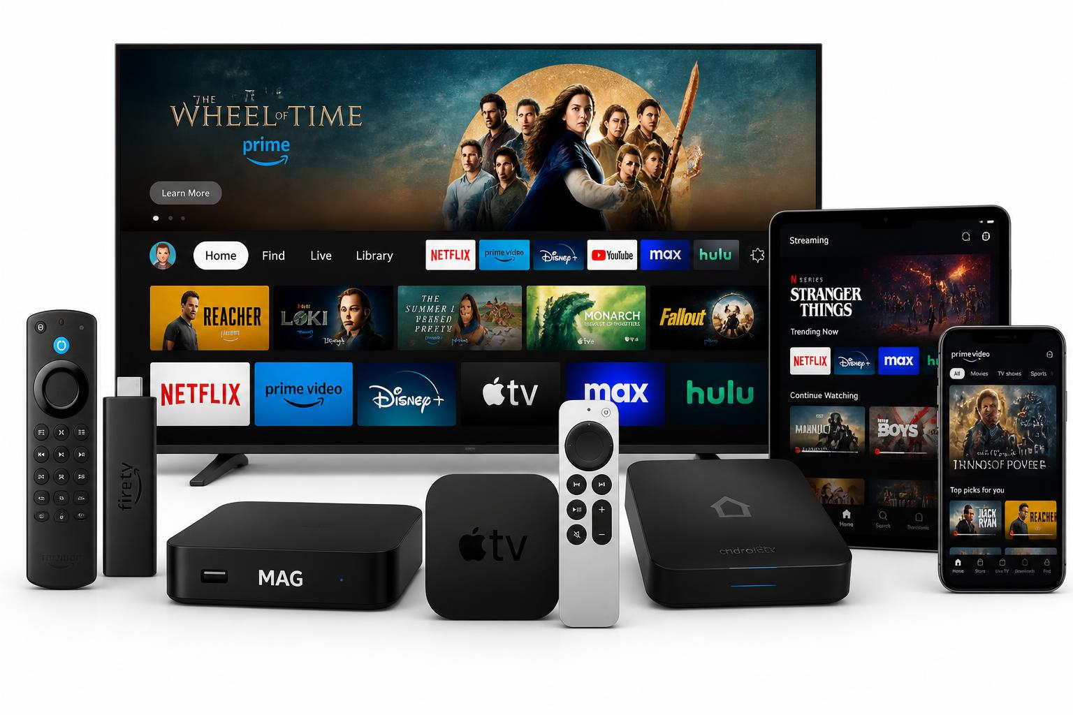 Smart TV, Fire Stick, MAG Box, Apple TV, Android TV Box, smartphone et tablette compatibles IPTV